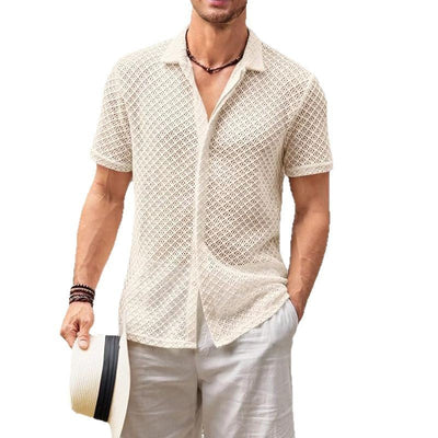 Fashion Solid Color Polo Collar Short Sleeve Mesh Shirt Tops Men Clothing