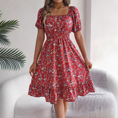 Floral Square Collar Ruffles Dress Women's Clothing