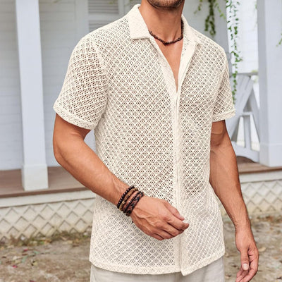 Fashion Solid Color Polo Collar Short Sleeve Mesh Shirt Tops Men Clothing